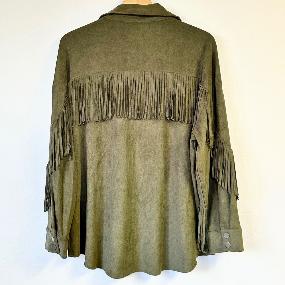 Easel Olive Green Faux Suede Fringe Boho Western Jacket Womens Large L - Picture 2 of 4